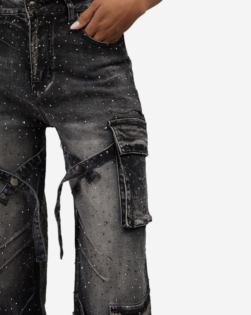 4Pkt Rhinestone Cargo Denim Jeans