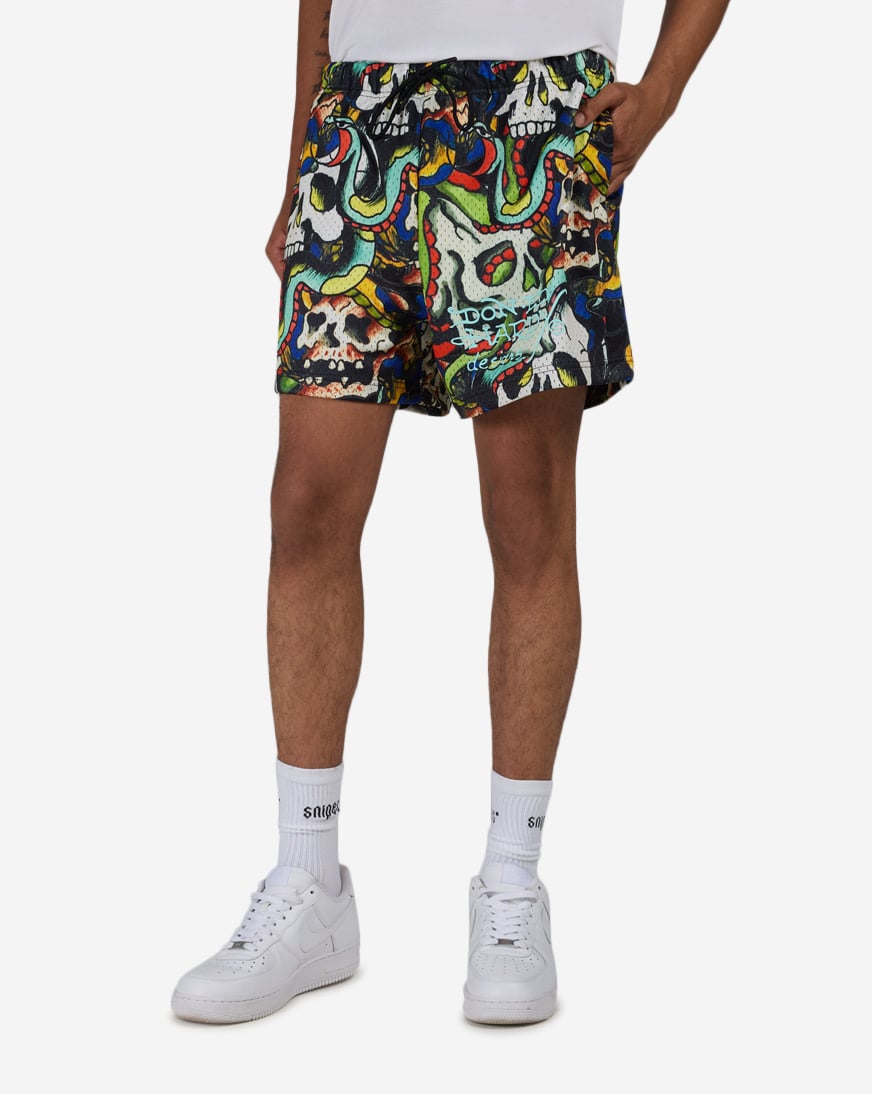 Skull Printed Mesh Short