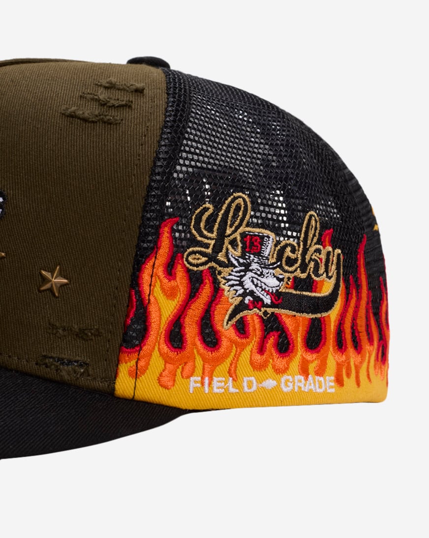 Final Ride Flames Distressed Twill Mesh Trucker Hat