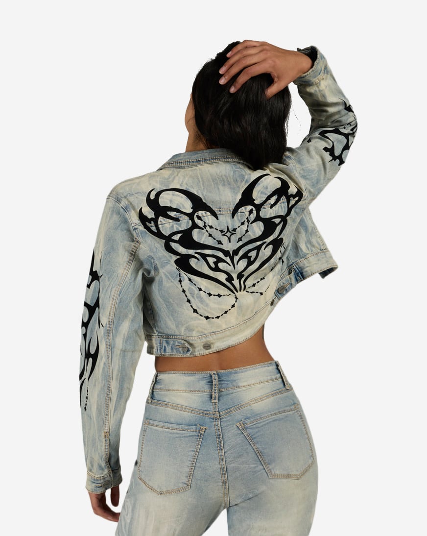 Flocked Thorn Heart Denim Jacket