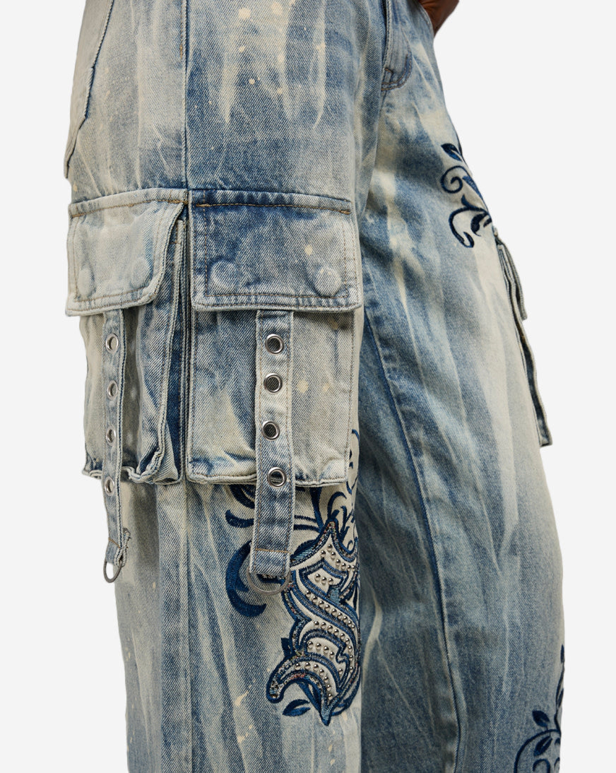 Wide Leg Cargo Tapestry Denim Jeans