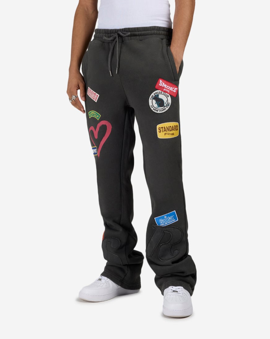 Multi Embroidery Patched Stacked Fleece Pants