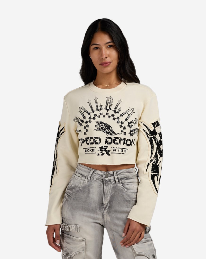 Crop Rhinestone Graphic Long Sleeve Crewneck